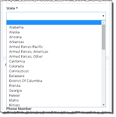 Organization State drop-down list